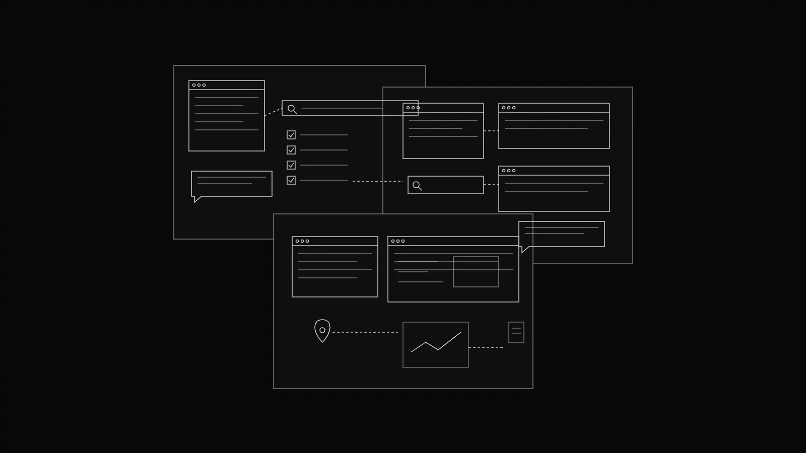 Wireframe of overlapping browser windows, a search bar, a checklist and chat bubbles on a dark dot grid