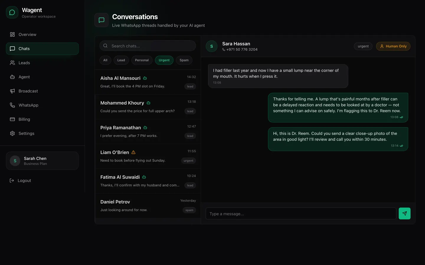 WhatsApp agent operator panel — hands off