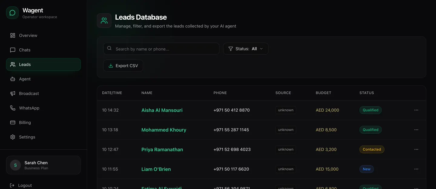 WhatsApp agent operator panel — logs leads