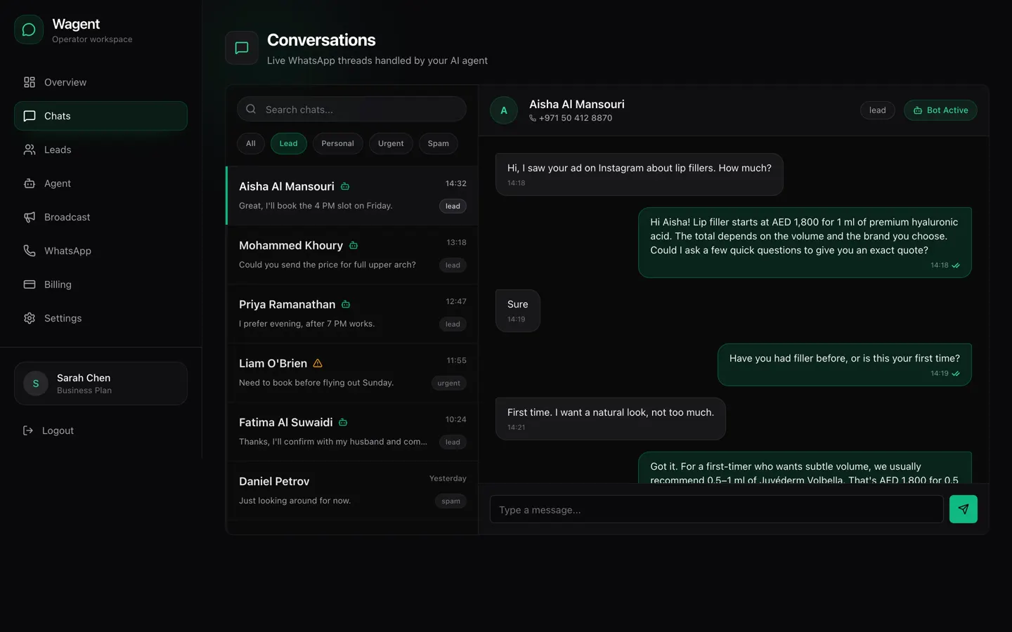 WhatsApp agent operator panel — qualifies