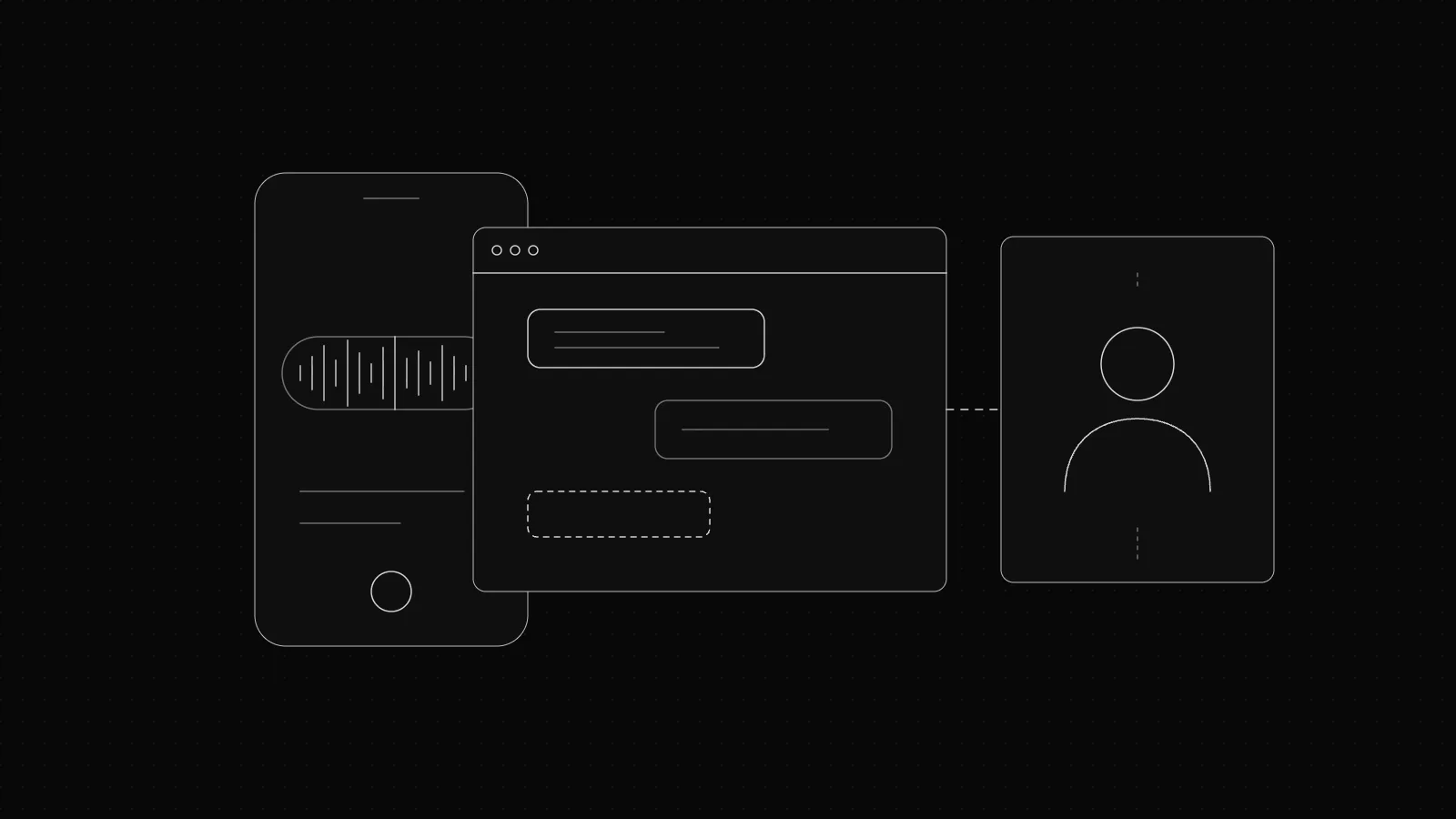 A phone and a WhatsApp voice note feeding one AI agent with a handoff to a person