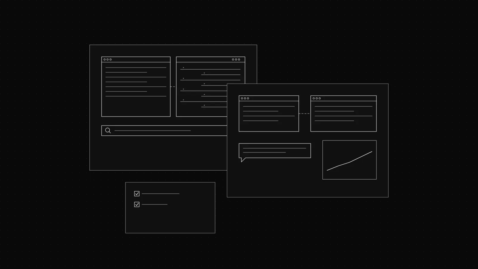 Wireframe of an English and an Arabic right-to-left web page linked side by side on a dark dot grid
