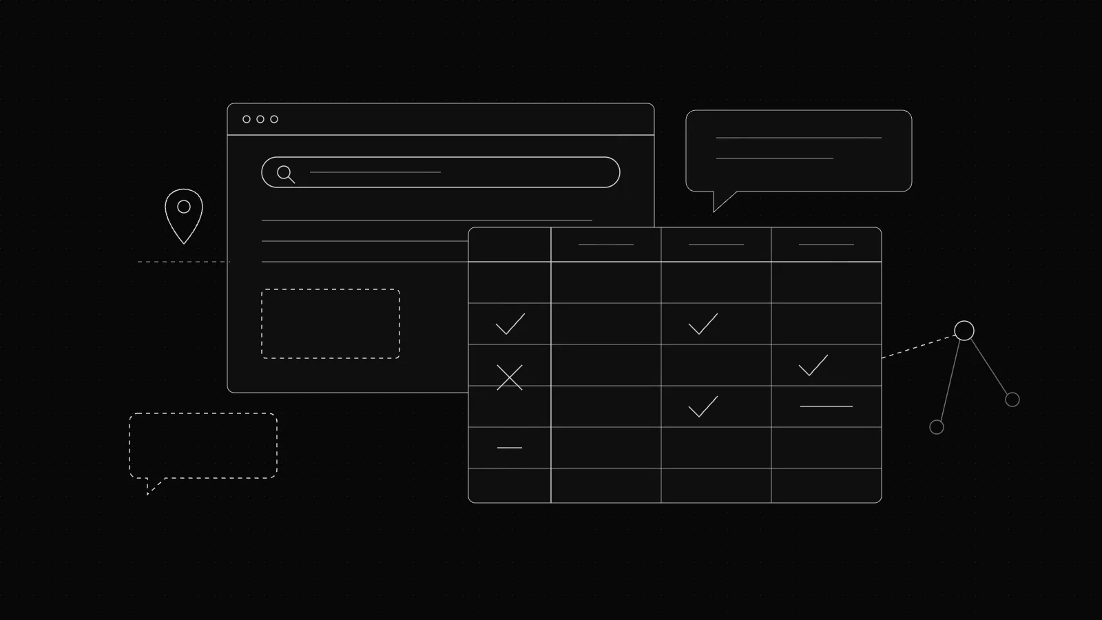 Wireframe of a search bar, chat bubbles and a scoring table on a dark dot grid