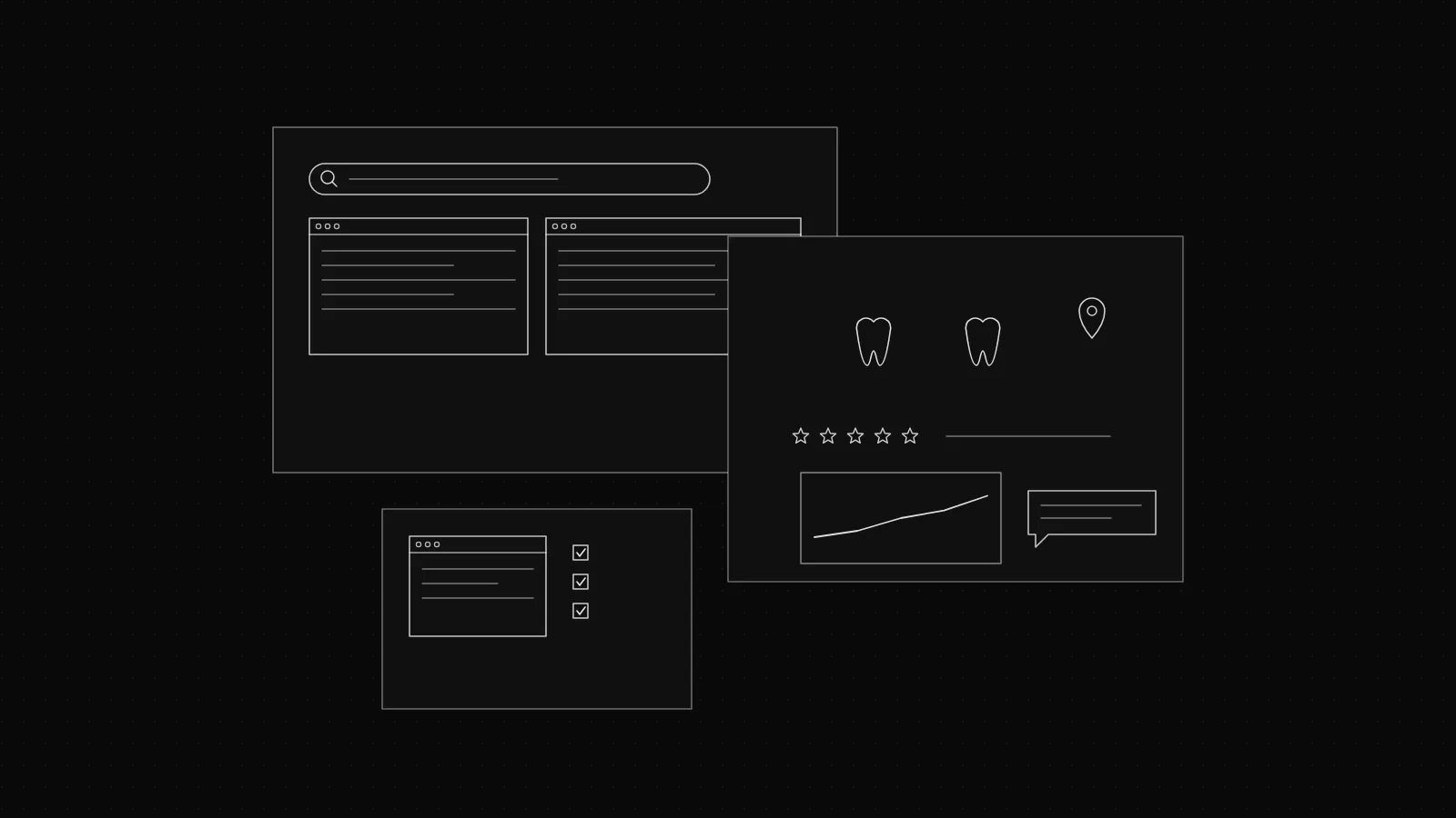 Wireframe of a dental clinic map pin and treatment pages on a dark dot grid