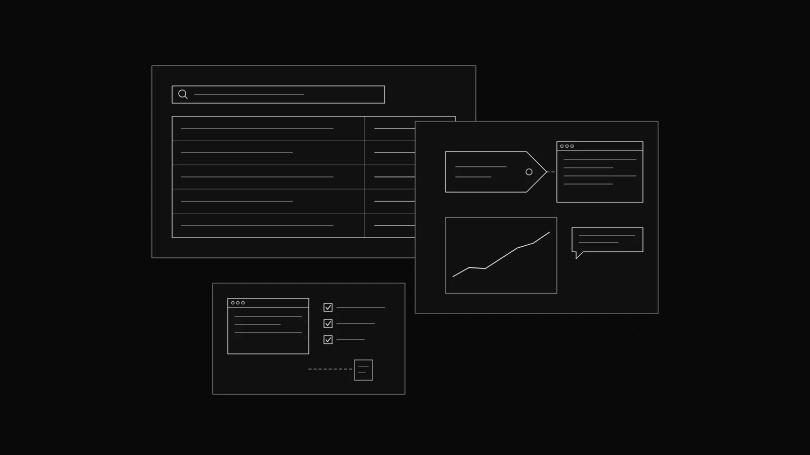 Wireframe of a search bar, a price table, a price tag and a rising chart on a dark dot grid