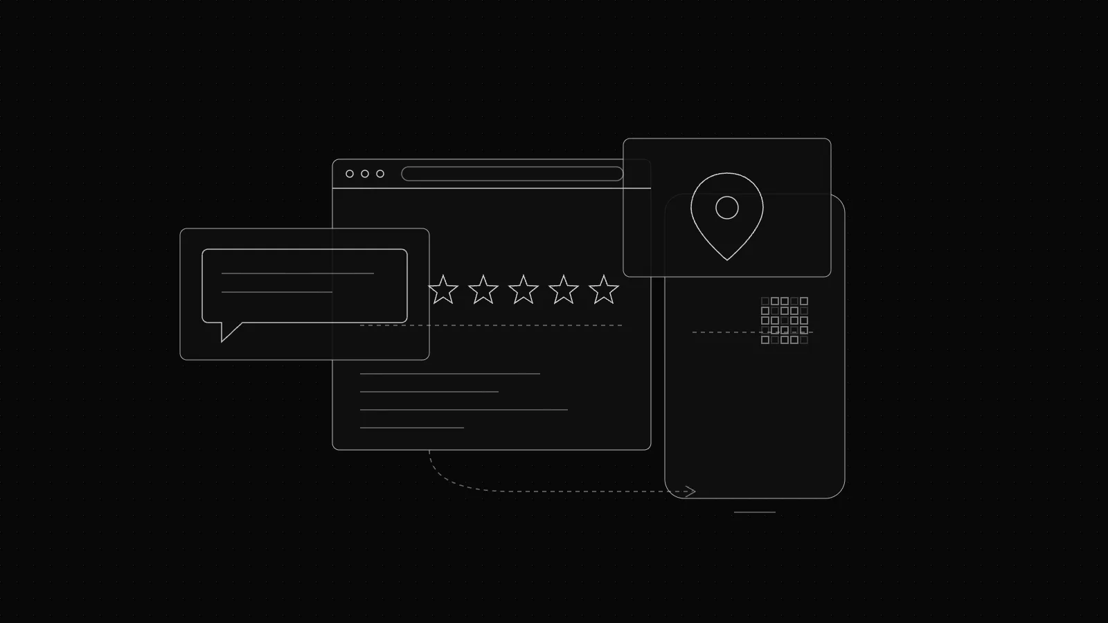 Wireframe of a map pin, star rating panel and WhatsApp chat bubble on a dark dot grid
