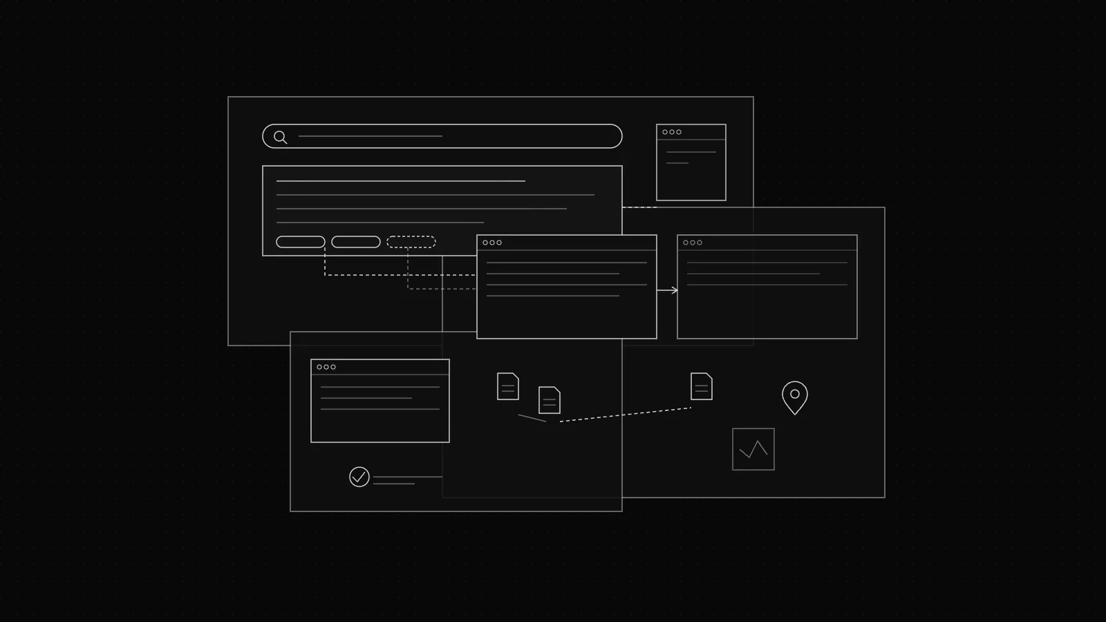 Wireframe of a search bar, answer panel with source links and a map pin on a dark dot grid