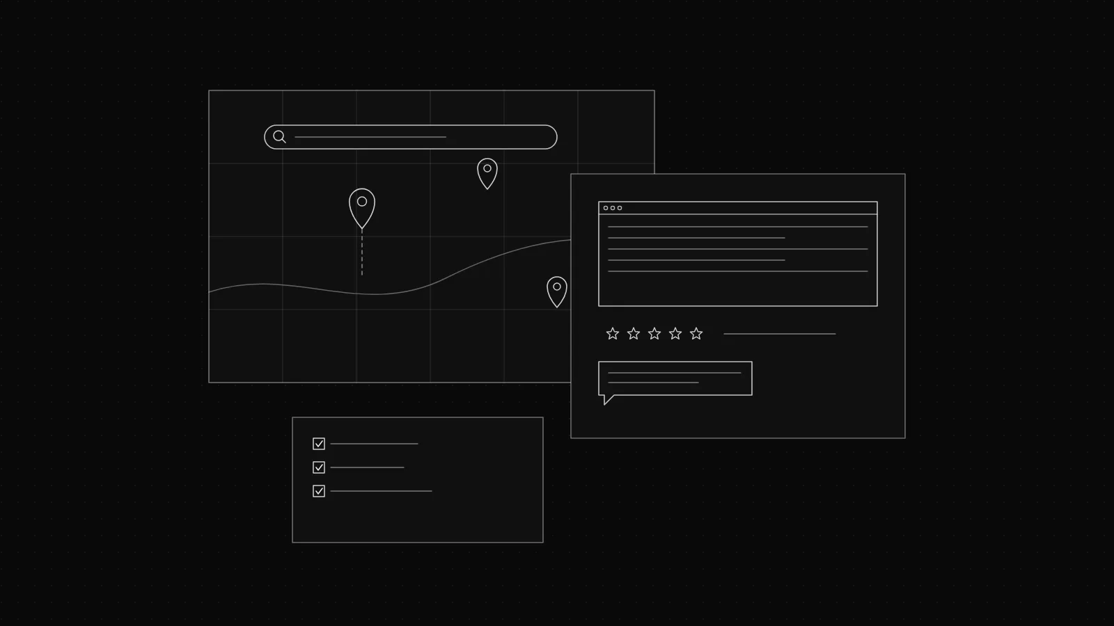 Wireframe of a Google Maps business listing card on a dark dot grid
