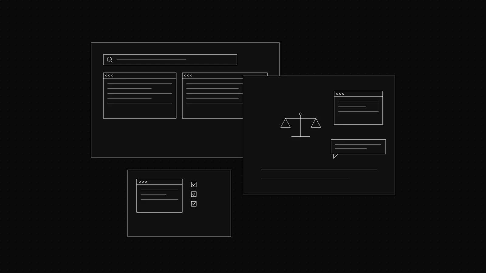 Wireframe of a law firm practice-area page and map pin on a dark dot grid