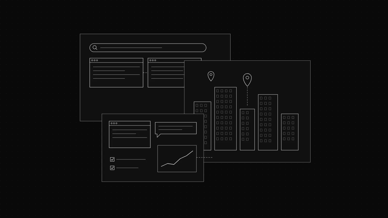 Wireframe of a search bar, listing pages, a row of towers with map pins and a rising chart on a dark dot grid