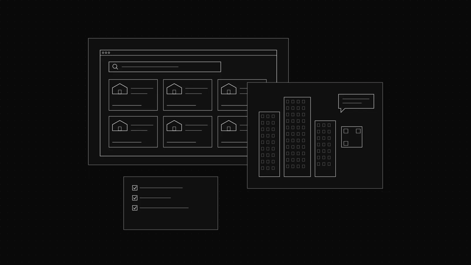 Wireframe of a property listings page with search filters on a dark dot grid