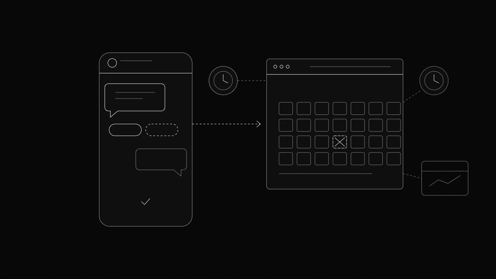 Phone with a reminder chat and confirm buttons beside a booking calendar with one canceled slot