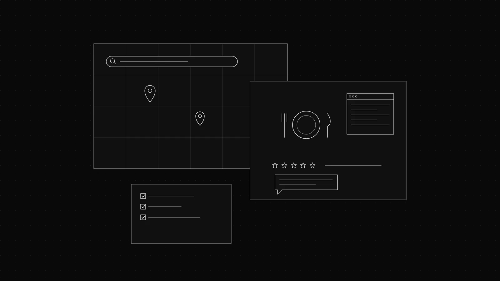 Wireframe of a restaurant menu page and map pin on a dark dot grid