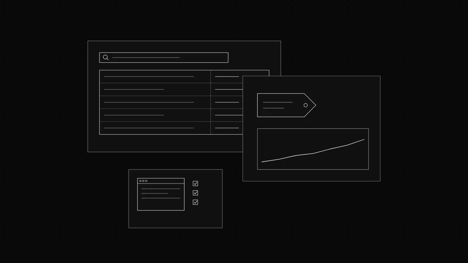 Wireframe of an SEO price list with audit, setup and monthly retainer tiers on a dark dot grid
