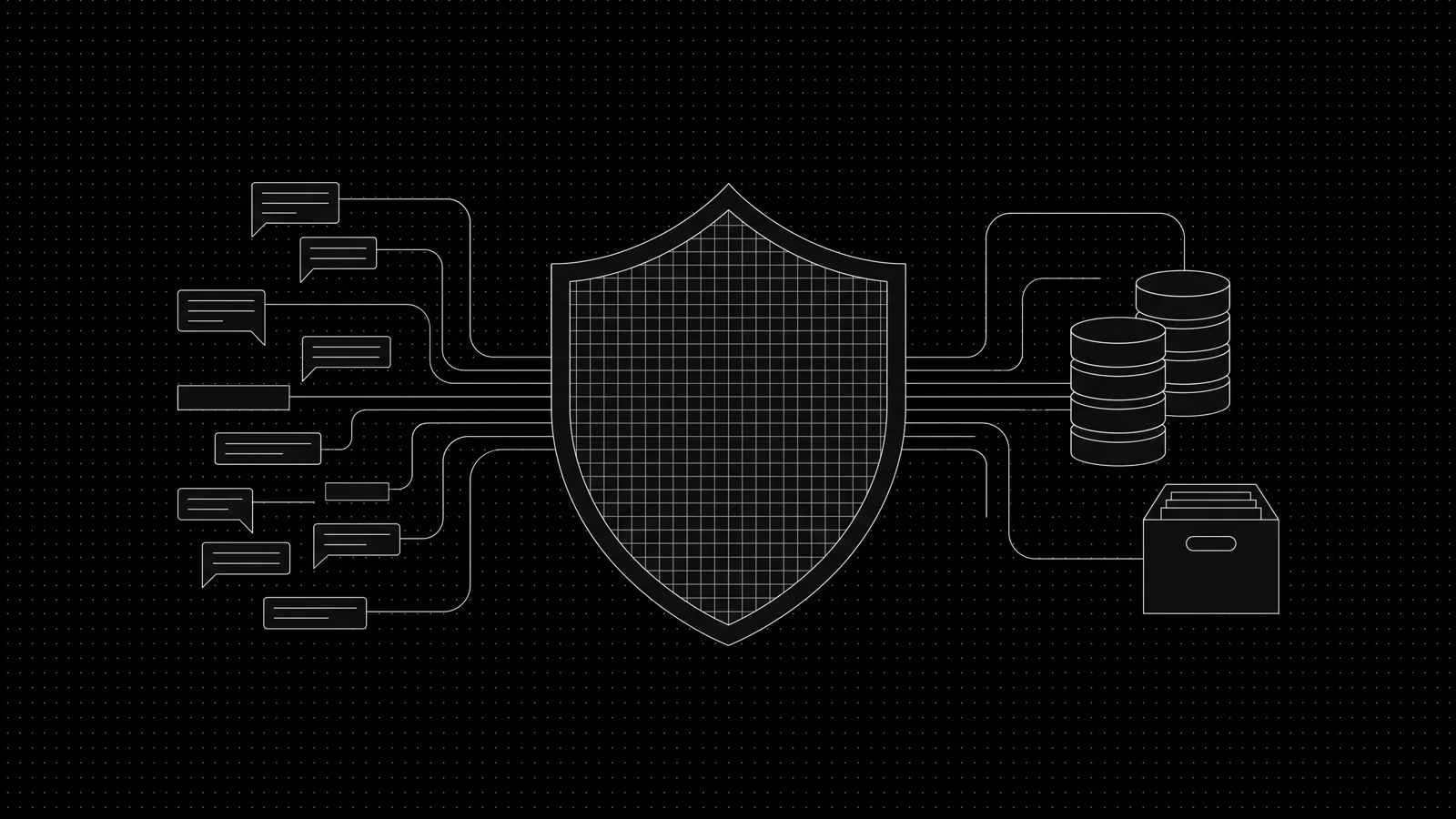 Diagram: channel inputs flowing through a compliance shield into storage and archive nodes